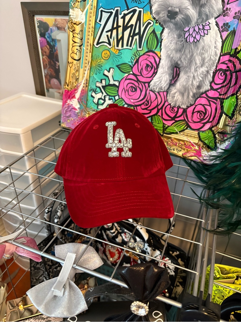 Red LA Rhinestone Velvet Baseball Cap